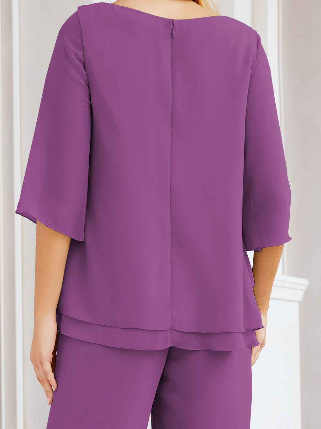 Elegante vestido de dos piezas para madre de la novia, talla grande, pantalón, capas con volantes, bata plateada SY28064 