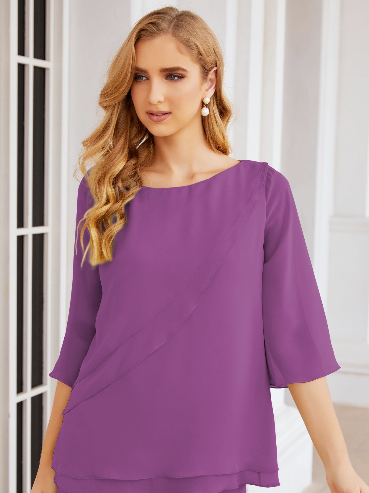 Elegante vestido de dos piezas para madre de la novia, talla grande, pantalón, capas con volantes, bata plateada SY28064 