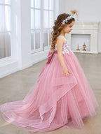 Prinzessin Ärmelloses Tüll Blumenmädchenkleid mit Spitze und Schleife Rosa (010224320) 