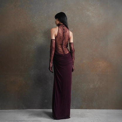 Lace Patchwork Deep V Ruched Prom Dress