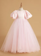 A-Linie Satin Tüll Kurzarm Blumenmädchenkleid 