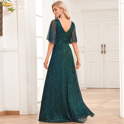 Butterfly See Through Sleeve Pairs V Neck Pleated A Large Swing Evening Dress Wedding Sequined Mop Dress
