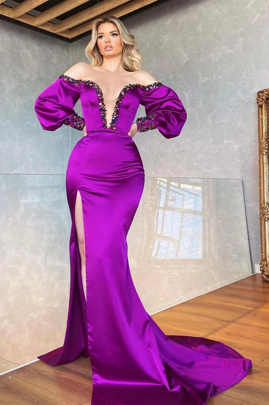 Meerjungfrauen-Ballkleid mit Schlitz vorne, V-Ausschnitt, schulterfreien Ärmeln und schillernder Perlenstickerei