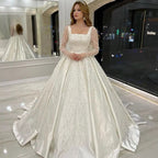 Luxury Wedding Dress Embroidered Lace Beading With Princess Ball Gown Square Collar Fullsleeve Bride Button Vestido De Novia-payinti