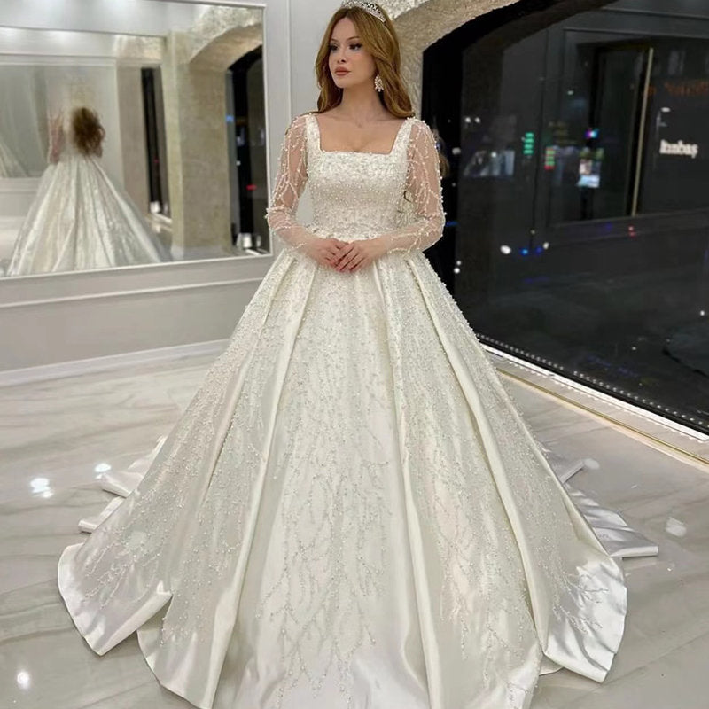 Luxury Wedding Dress Embroidered Lace Beading With Princess Ball Gown Square Collar Fullsleeve Bride Button Vestido De Novia-payinti