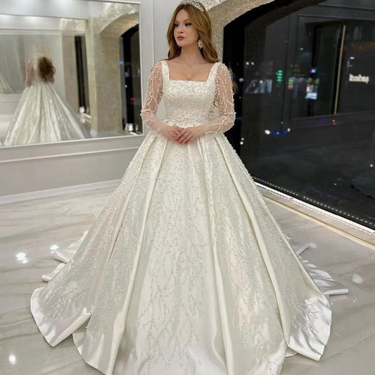 Luxury Wedding Dress Embroidered Lace Beading With Princess Ball Gown Square Collar Fullsleeve Bride Button Vestido De Novia-payinti