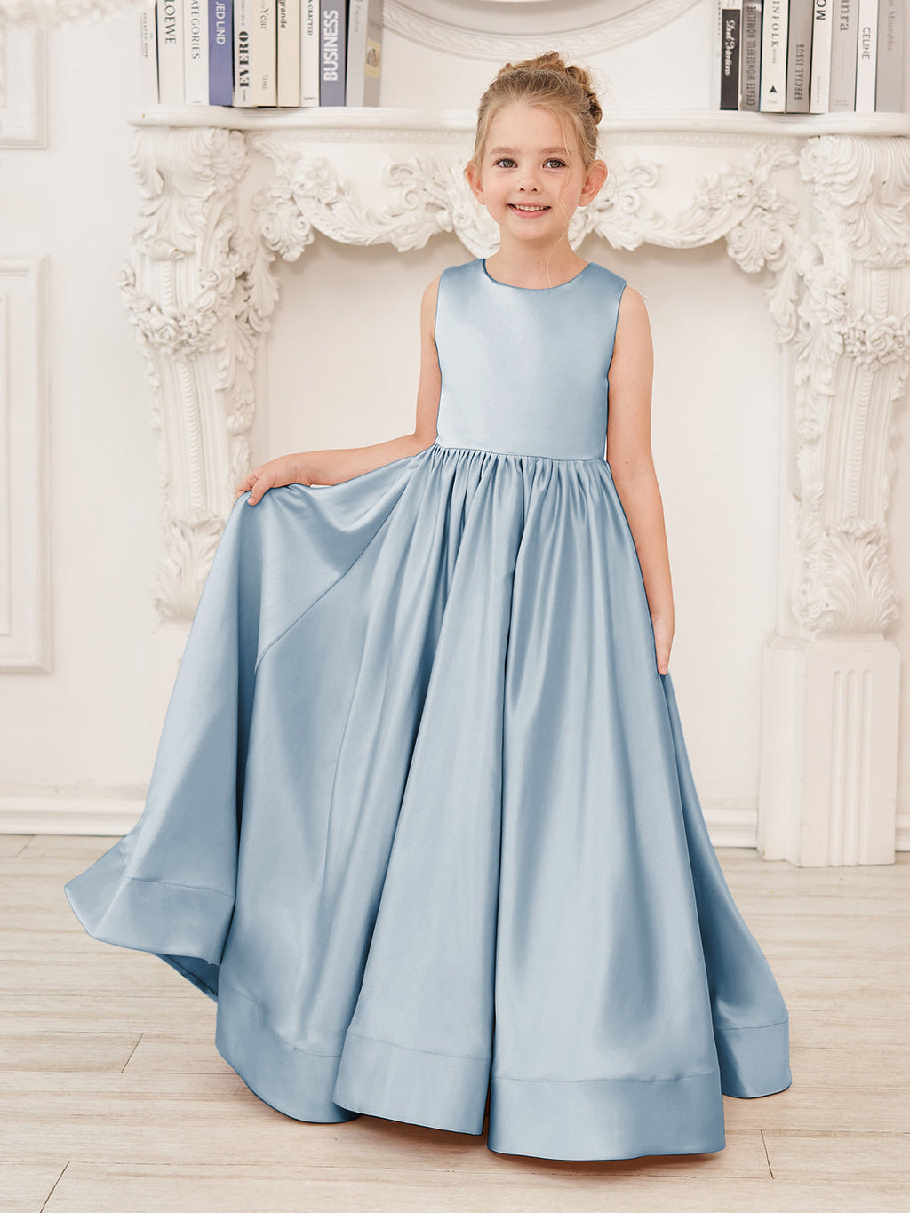 A-Linie Spitze Satin Bodenlang Blumenmädchenkleid 