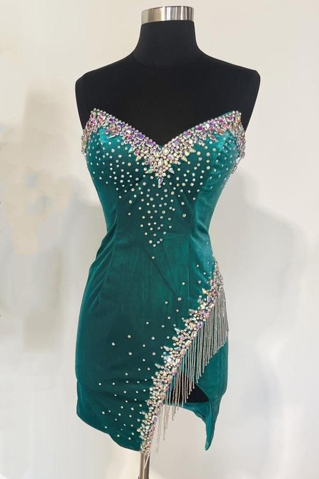 Velvet Strapless Beaded Short Cocktail Dress with Tassels