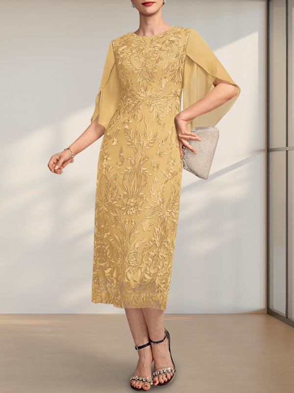 Vestido para madre de la novia de gasa con encaje, corte tubo, escote redondo y largo hasta la rodilla