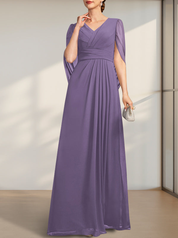 Vestido de gasa para madre de la novia con escote en V, largo hasta el suelo, con pliegues