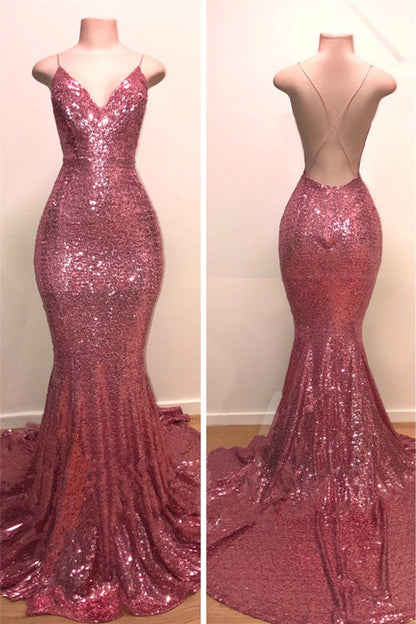 Open Back Spaghetti Straps V-Neck Mermaid Sequins Long Prom Dress