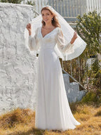 Classic Appliques 3D Flower Wedding Dress Simple Deep V-neck Long Sleeve Bridal Gown Beach Vestidos De Novia-payinti