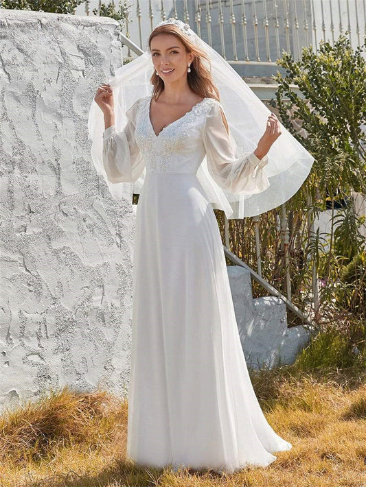 Classic Appliques 3D Flower Wedding Dress Simple Deep V-neck Long Sleeve Bridal Gown Beach Vestidos De Novia-payinti
