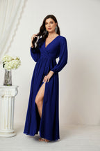 Vestidos de noche Sunnderly con escote en V profundo, gasa, para dama de honor, manga larga de obispo, abertura lateral, vestido formal SY2806 