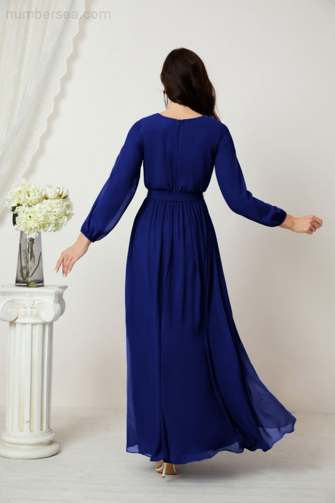 Vestidos de noche Sunnderly con escote en V profundo, gasa, para dama de honor, manga larga de obispo, abertura lateral, vestido formal SY2806 