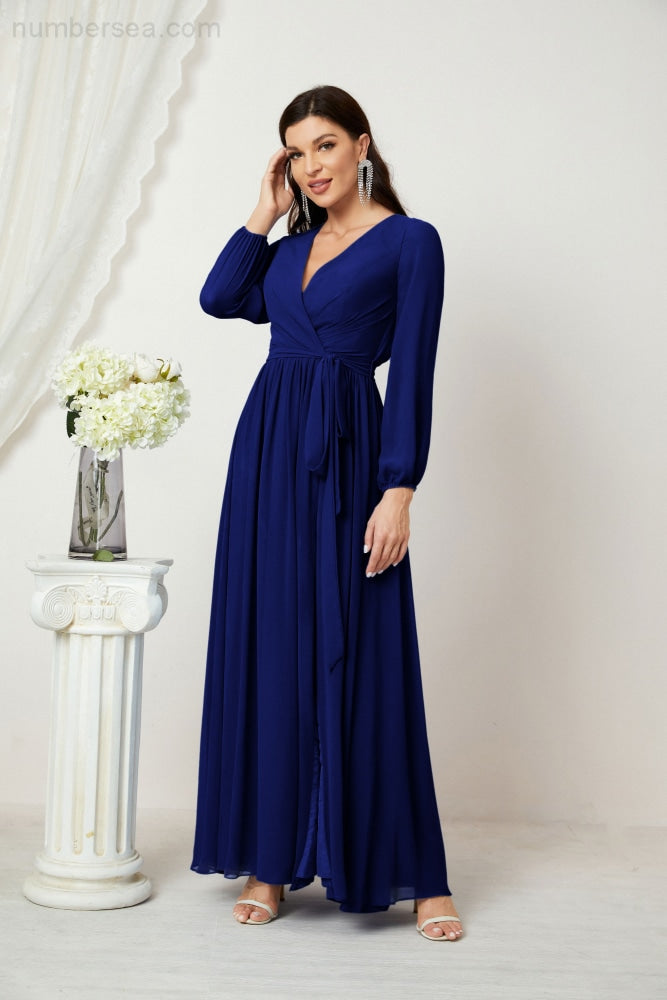Vestidos de noche Sunnderly con escote en V profundo, gasa, para dama de honor, manga larga de obispo, abertura lateral, vestido formal SY2806 