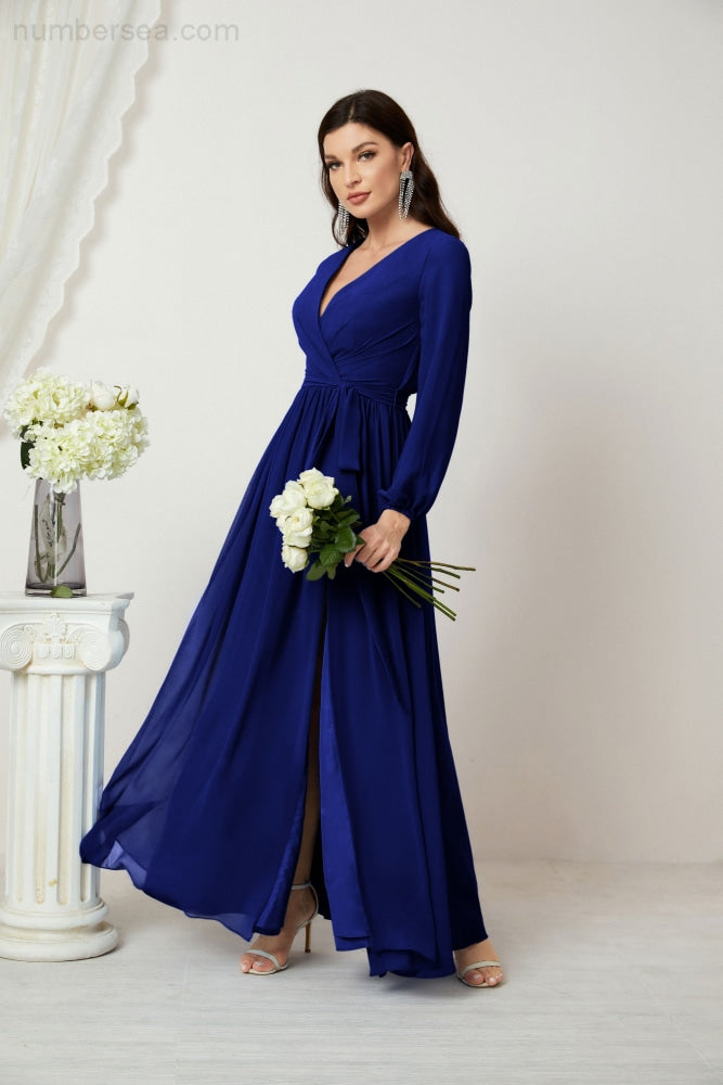 Vestidos de noche Sunnderly con escote en V profundo, gasa, para dama de honor, manga larga de obispo, abertura lateral, vestido formal SY2806 
