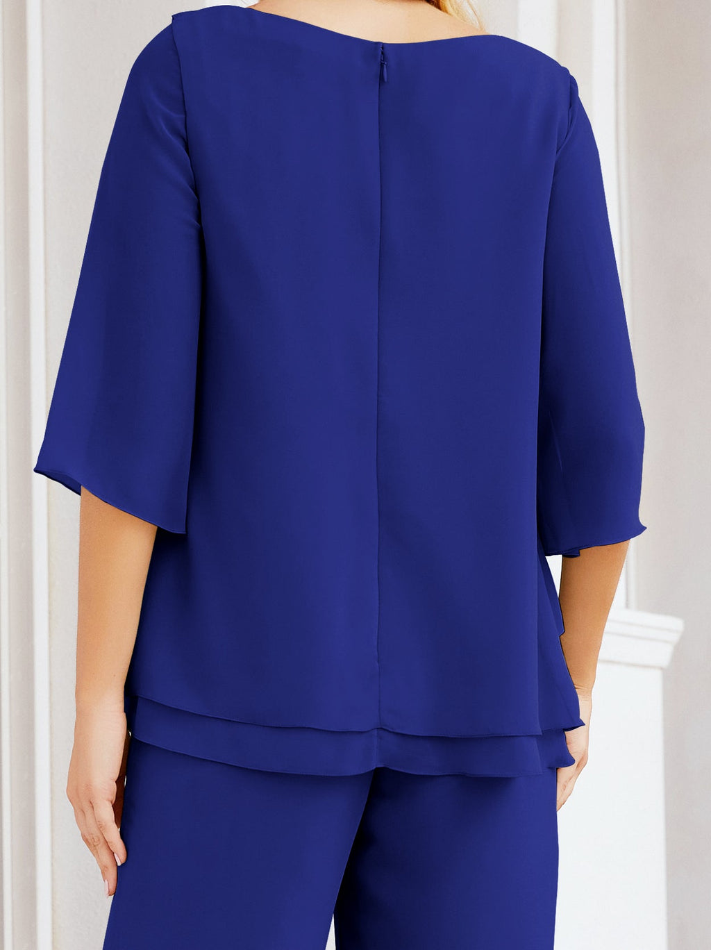 Elegante vestido de dos piezas para madre de la novia, talla grande, pantalón, capas con volantes, bata plateada SY28064 