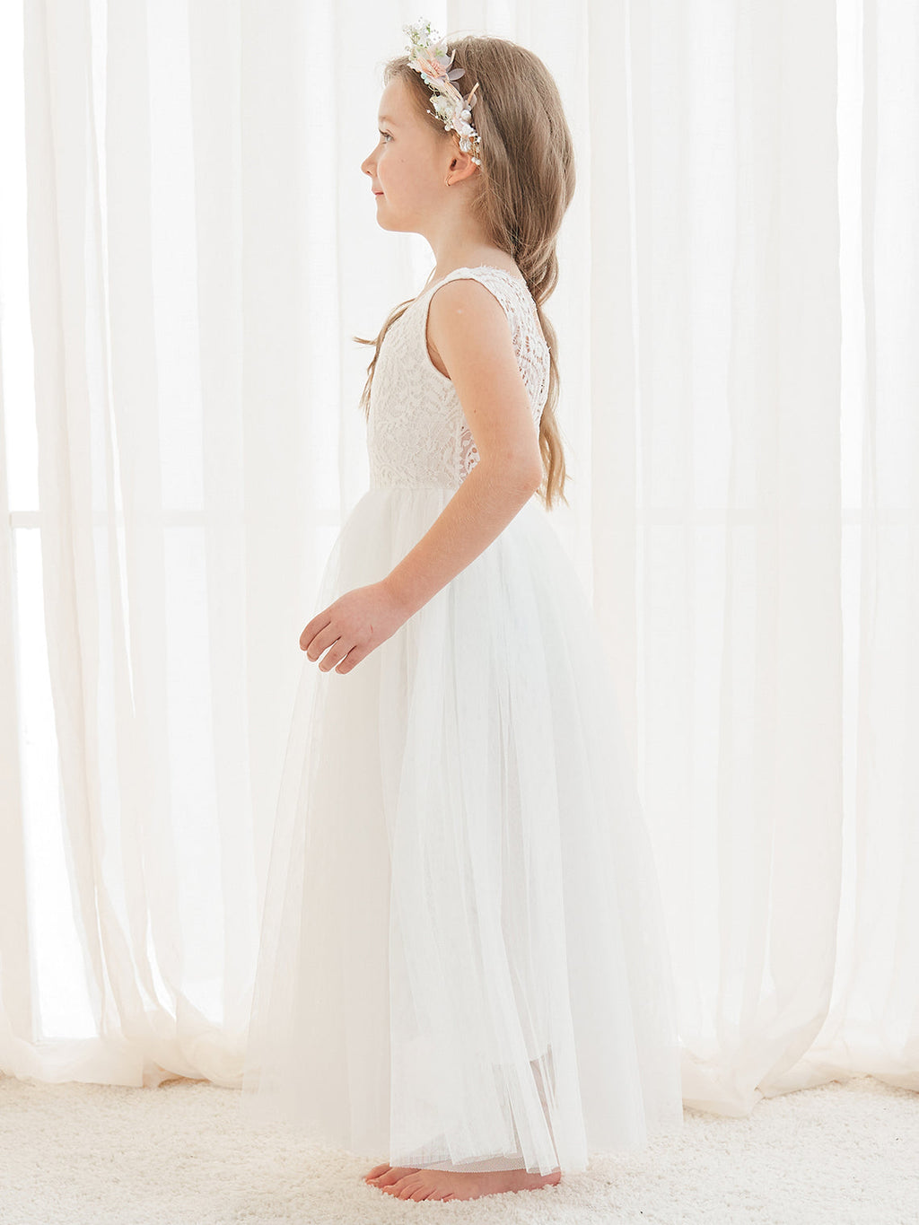 Vestido blanco de tul con encaje y corte en A hasta los tobillos (2003227597)