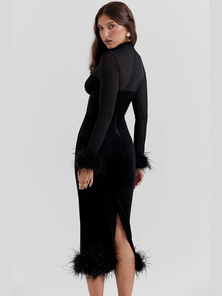 TARUXY Mesh Splice Maxi Dress Women High Waist Slim Feather Temperament Dresses Female Party Retro Elegant Evening Dress Woman