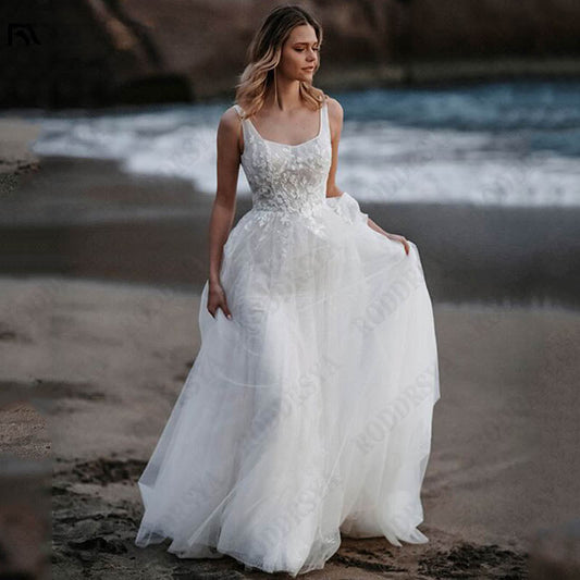 Sleeveless Appliques A-Line Bridal Gowns Backless Square Collar Wedding Dresses Spagehtti Straps Tulle Vestido De Novia-payinti