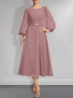 Vestido de gasa para madre de la novia, corte A, escote redondo, largo hasta la rodilla, plisado, con broche de cristal