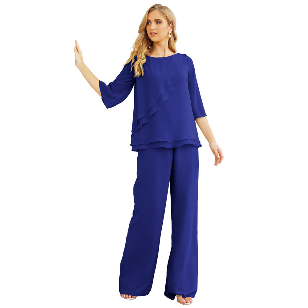 Sunnderly Chiffon Mother of The Bride Dress Plus Size Pant Suits Ruffle Layers