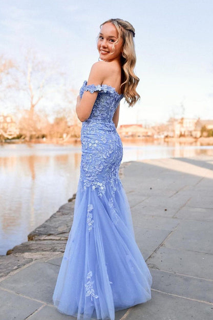 Off the Shoulder Tulle Appliques Mermaid Long Prom Dresses