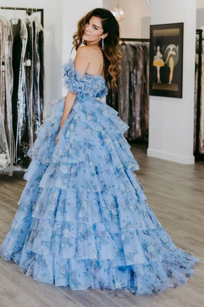 Sigourney | Langes Ballkleid in A-Linie mit Blumenmuster und Rüschen