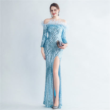 High Density Ostrich Hair Sequin Off Shoulder Fishtail Evening Dress