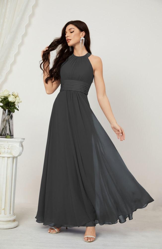Vestido formal de fiesta Sunnderly de gasa con cuello halter, largo y sin mangas, para dama de honor SY2802 