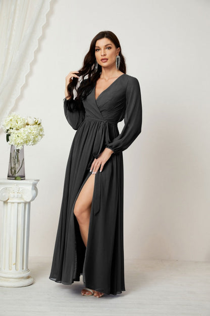 Sunnderly Evening Dresses Deep V-Neck Chiffon Bridesmaid Dresses Long Bishop Sleeve Side Split Formal Dress SY2806