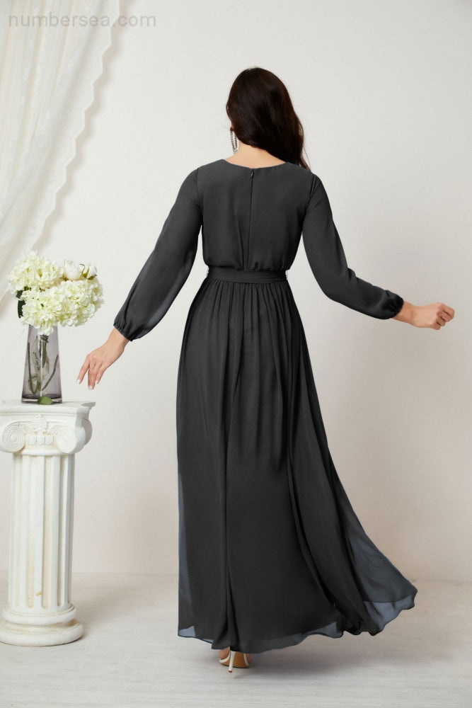 Vestidos de noche Sunnderly con escote en V profundo, gasa, para dama de honor, manga larga de obispo, abertura lateral, vestido formal SY2806 