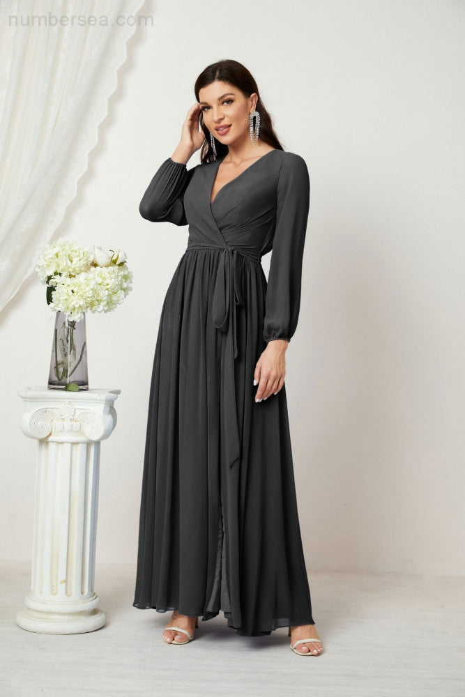 Vestidos de noche Sunnderly con escote en V profundo, gasa, para dama de honor, manga larga de obispo, abertura lateral, vestido formal SY2806 