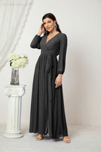Vestidos de noche Sunnderly con escote en V profundo, gasa, para dama de honor, manga larga de obispo, abertura lateral, vestido formal SY2806 