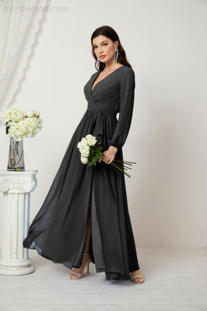 Vestidos de noche Sunnderly con escote en V profundo, gasa, para dama de honor, manga larga de obispo, abertura lateral, vestido formal SY2806 