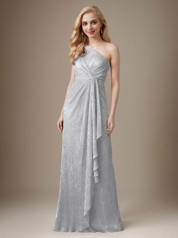Vestido de madre de la novia con un solo hombro de malla metálica y corte rubí