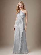 Vestido de madre de la novia con un solo hombro de malla metálica y corte rubí