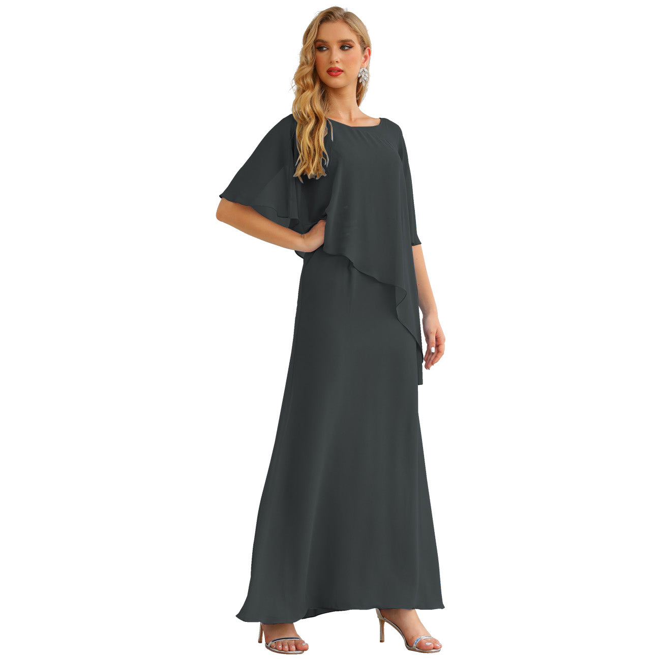 Sunnderly Chiffon Plus Size Mother of The Bride Dresses Formal Prom Gown Ruffle Cape