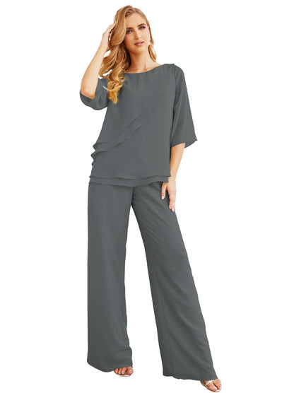 Sunnderly Elegant 2 Piece Mother of The Bride Dress Plus Size Pant Suits Ruffle Layers Sliver Housecoat SY28064