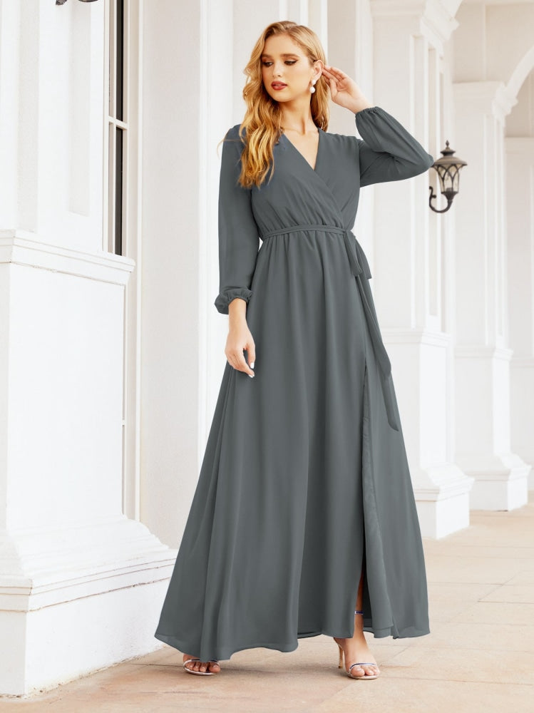 Sunnderly Women's Chiffon Bridesmaid Dress A line Long Sleeves Formal Evening Prom Gown for Wedding Guest SY28032