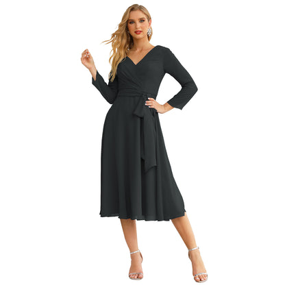 Sunnderly Chiffon Bridesmaid Dress V-Back Waist Belt Formal Prom Gown Mother of The Bride Wedding Guest