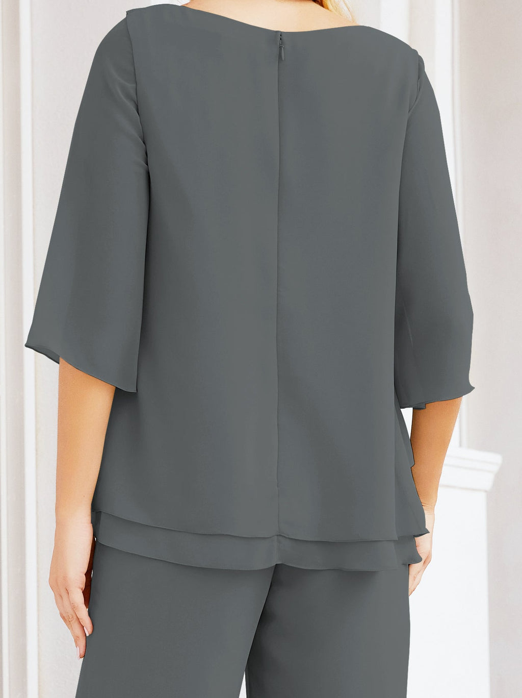 Elegante vestido de dos piezas para madre de la novia, talla grande, pantalón, capas con volantes, bata plateada SY28064 
