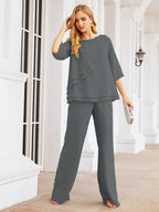 Elegante vestido de dos piezas para madre de la novia, talla grande, pantalón, capas con volantes, bata plateada SY28064 