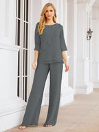 Elegante vestido de dos piezas para madre de la novia, talla grande, pantalón, capas con volantes, bata plateada SY28064 