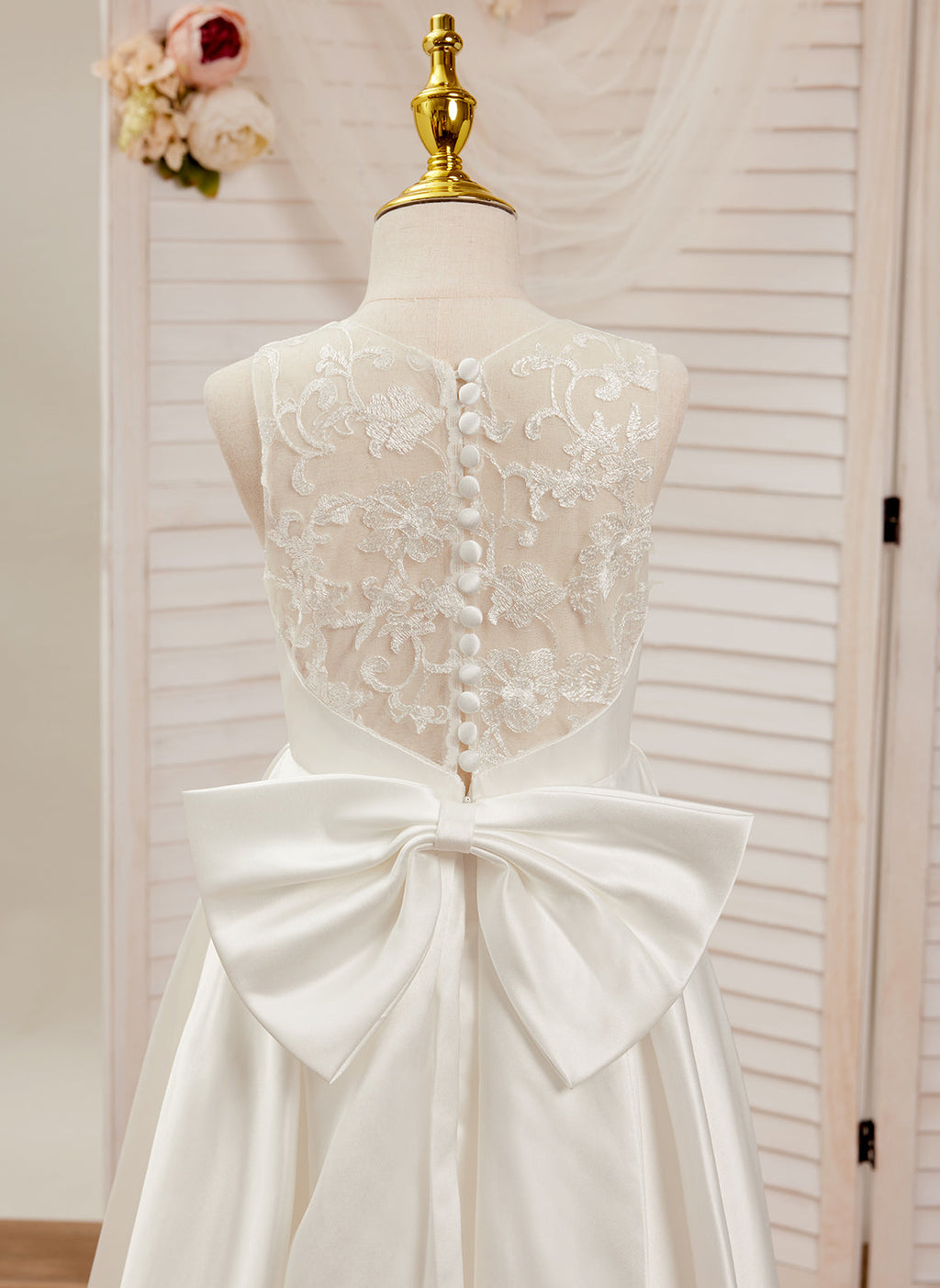 A-Linie Spitze Satin Bodenlang Erstkommunionkleid für Blumenmädchen 
