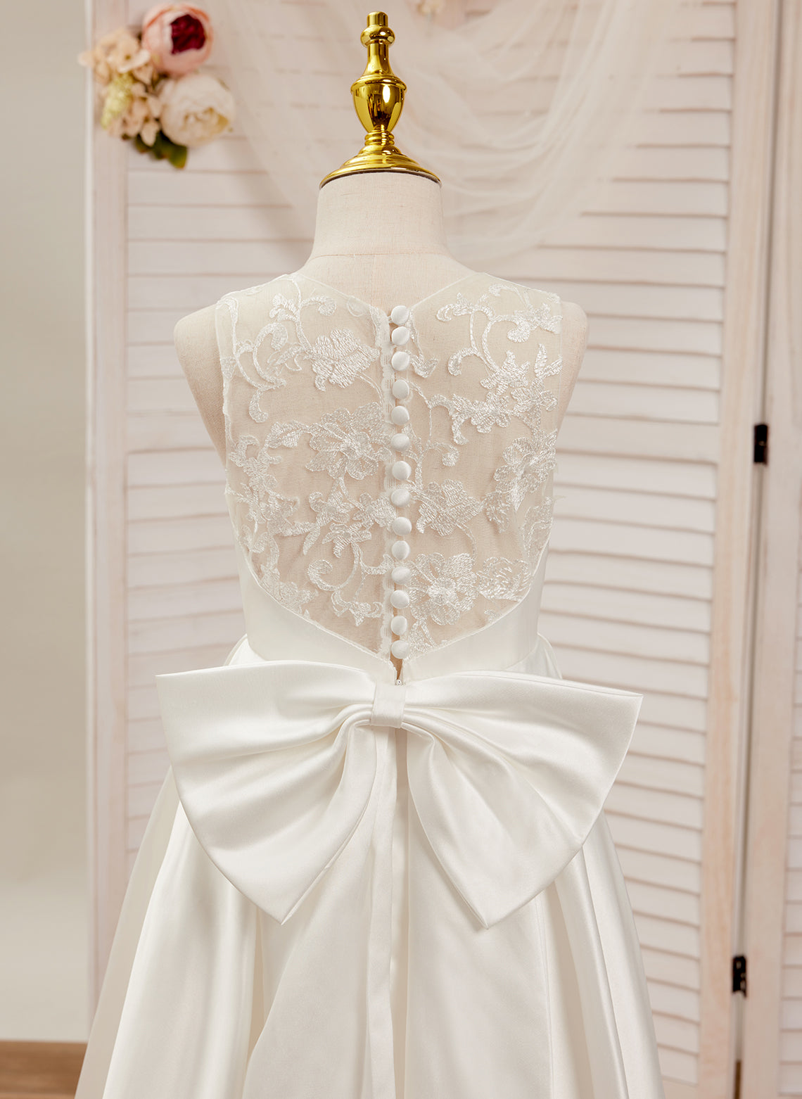 A-Linie Spitze Satin Bodenlang Erstkommunionkleid für Blumenmädchen 
