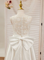 A-Linie Spitze Satin Bodenlang Erstkommunionkleid für Blumenmädchen 