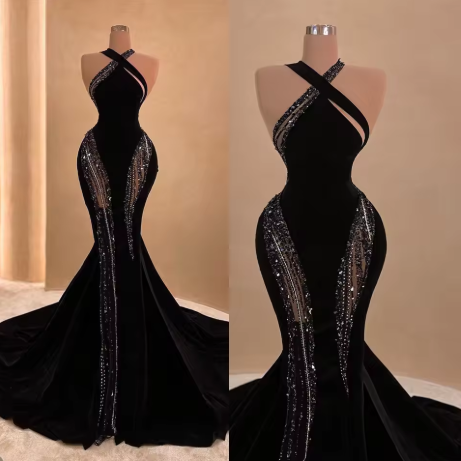 Sexy Schwarzes Meerjungfrau Langes Ballkleid mit Schleppe, Schickes Schwarzes Abendkleid Y4178