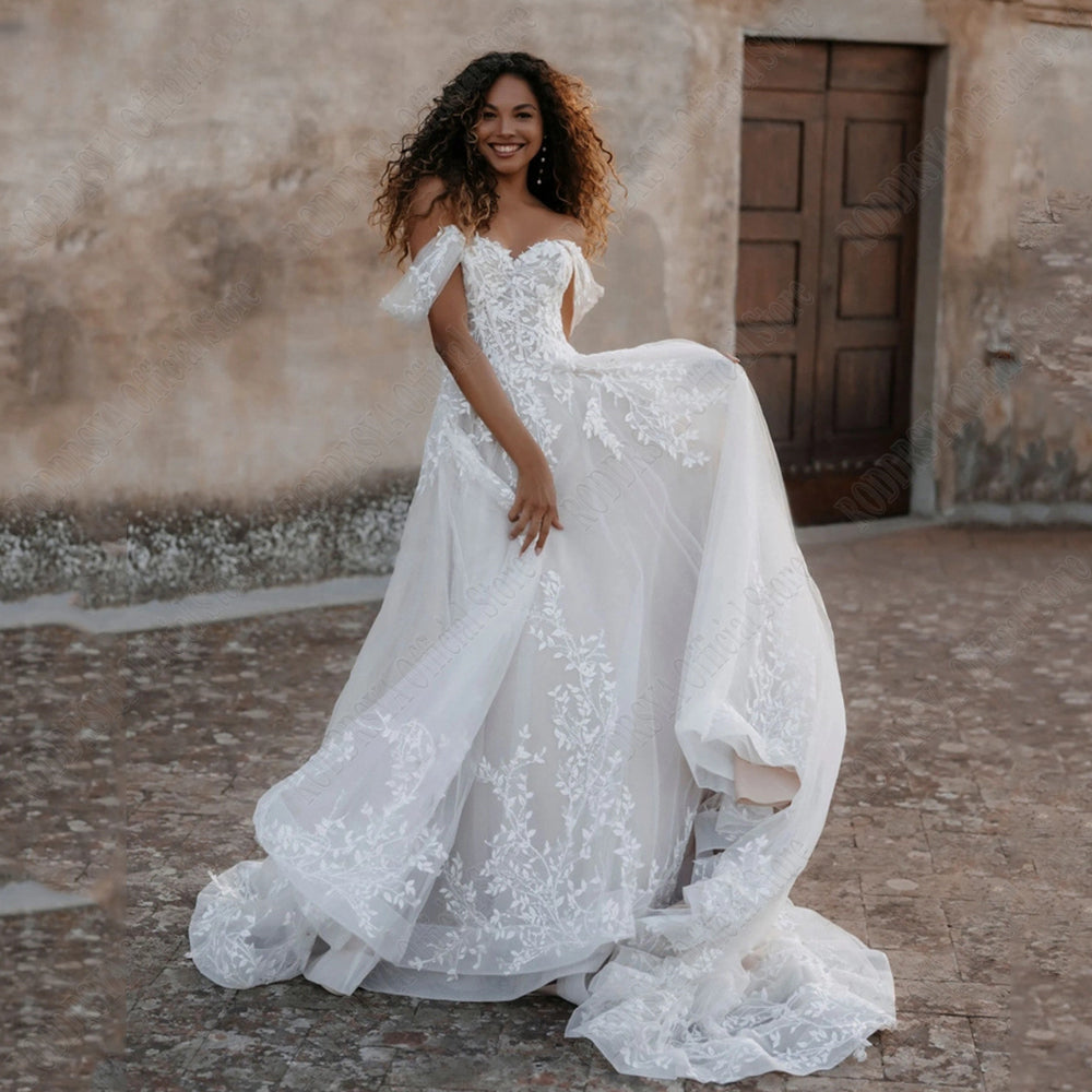 Exquisite Off Shoulder Wedding Dresses Sweetheart Applique Bride Gowns A-Line vestidos de novia playa Custom Made-payinti